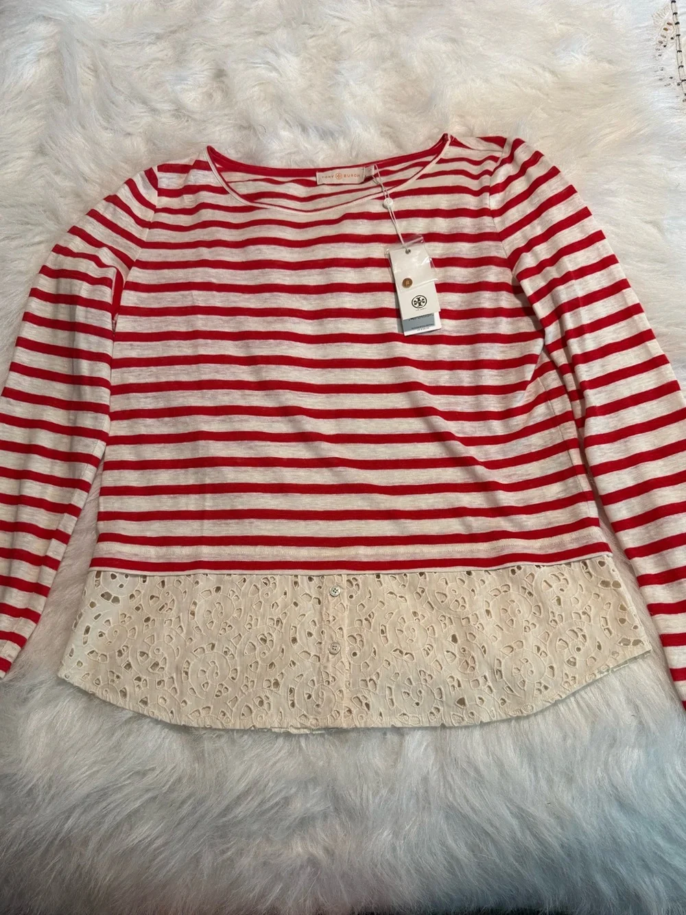 Tory Burch Linen Stripe Eyelet Hem Top Red Cream S/P NWT